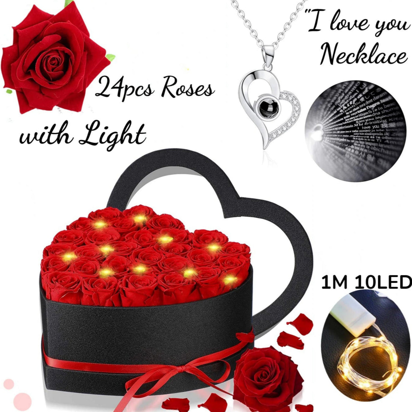 Bouquet de fleurs éternels LED + collier "I LOVE YOU"