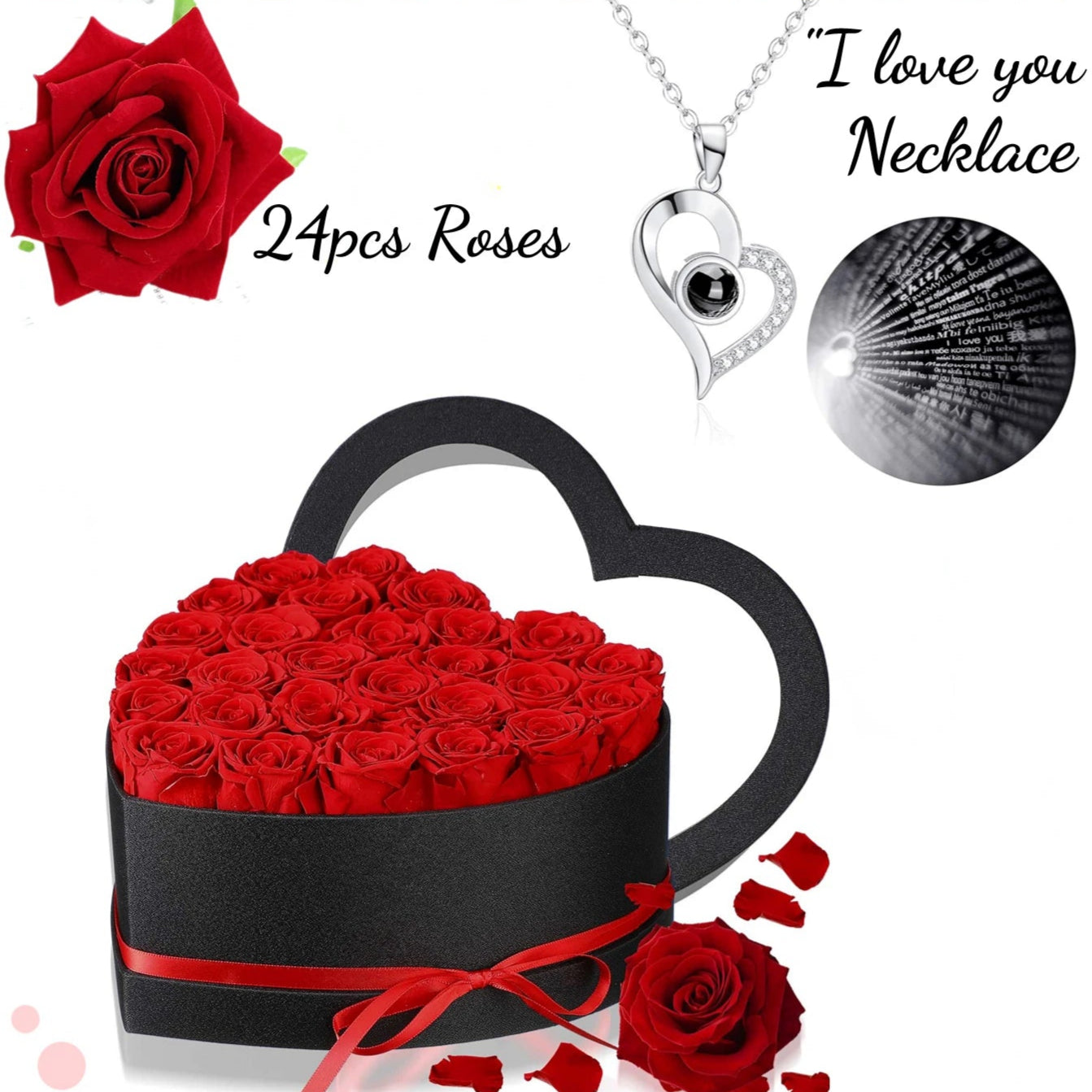 Bouquet de fleurs éternels LED + collier "I LOVE YOU"