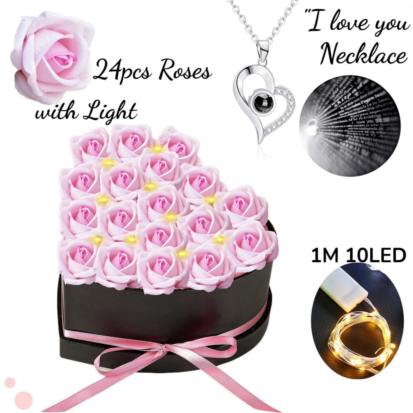 Bouquet de fleurs éternels LED + collier "I LOVE YOU"